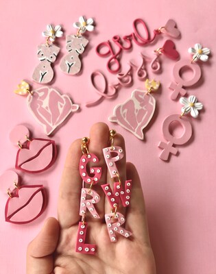 GRL PWR Earrings, Girl Power Earrings, Feminism Earrings, Feminist jewelry, Pink hollywood lights letter earrings, girly earrings - image2